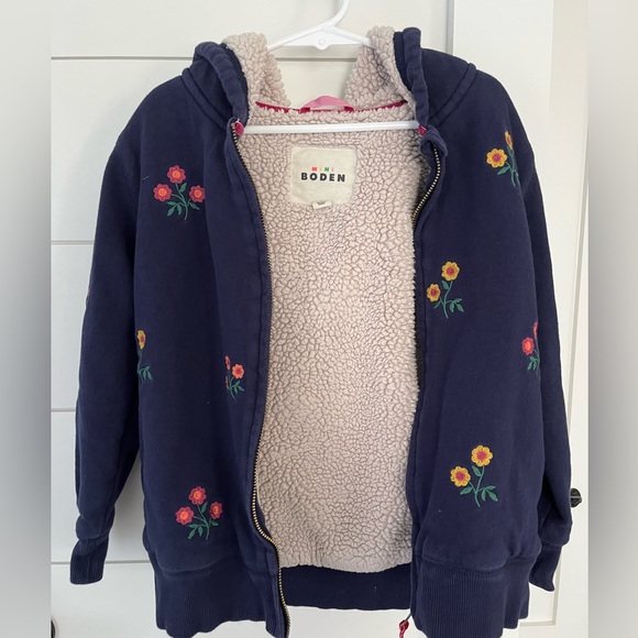 Mini Boden Embroidered Shaggy lined hoodie, Navy floral, 7-8. - Picture 5 of 8